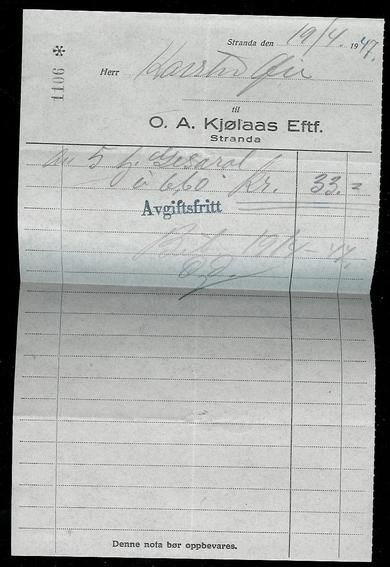 Faktura fra O A KJØLÅS EFTF Stranda 19 4 1947