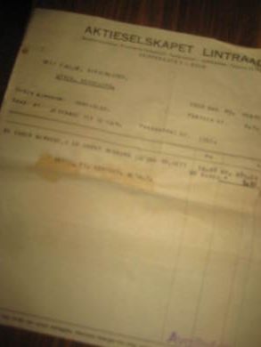 Faktura fra AKTIESELSKAPET LINTRAAD OSLO til Leif Fjelde Skoverksted Utvik 25 februar 1949