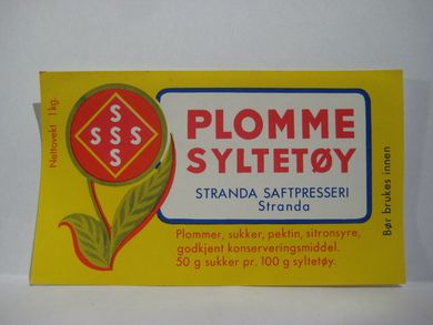 Etikett fra Standa Saftpresseri fra 60 tallet PLOMME SYLTYETØY