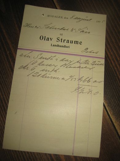 MODALEN 8 AUGUST 1905 Fra Olav Straume Landhandleri