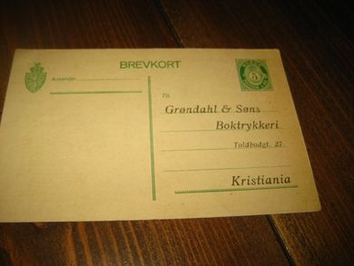 BREV KORT til Grøndahl & Søns Boktrykkeri, Kristiania. Ubrukt.  Meget pent. 