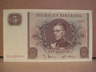 1956 5 KRONOR NC 678381 strøken seddel