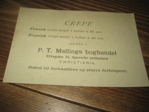 Reklameseddel fra Mallings Boghandel, Christiania. 1800 tallet.