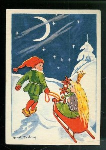 Ute i måneskinn, jule- / nyttårskort tegna av Margit Ekstam.