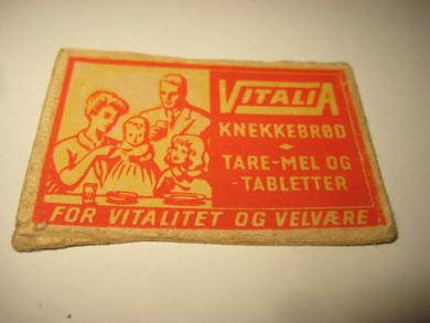 Forsida på eldre fyrstikkeske VITALIA 60 tallet