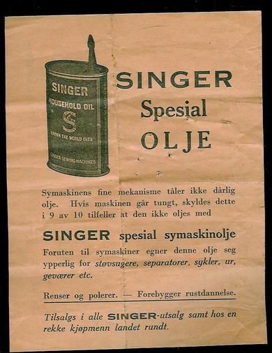 Reklamesak for SINGER SPESIAL OLJE.