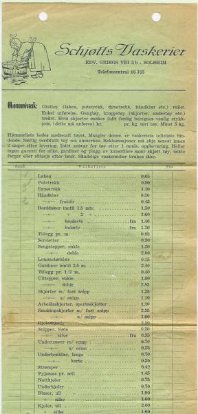 Faktura fra Schjøtts Vaskerier Solheim Bergen 1945