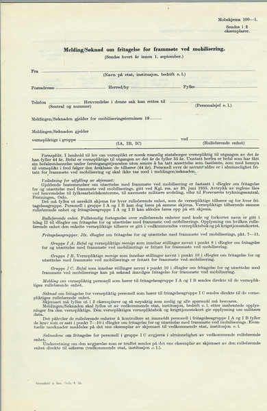 Melding / Søknad om fritagelse for frammøte ved mobilisering. 1955
