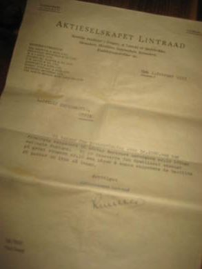 Brev fra AKTIESELSKAPET LINTRAAD OSLO til Leif Fjelde Skoverkted Utvik 1-februar 1949