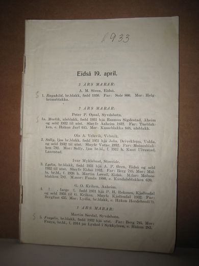 1933 EIDSÅ 19 APRIL