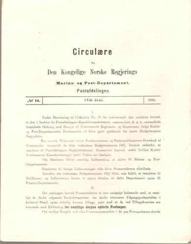 1885,nr 014, Cirkulære fra Den Kongelige Norske Regjerings Marine- og Post- Departement.