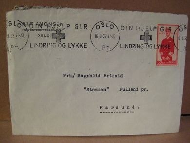 OSLO 16.9.52 med stempel: DIN HJELP GIR LINDRING OG LYKKE.