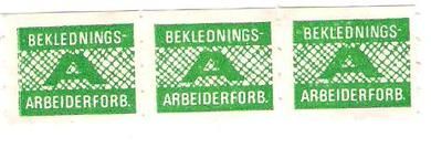 Grønt fagforeningsmerke fra BEKLEDNINGS ARBEIDER FORBUNDET 3 stripa