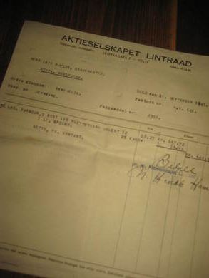 Faktura fra AKTIESELSKAPET LINTRAAD OSLO til Leif Fjelde Skoverksted Utvik 21 SEPTEMBER 1948