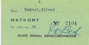  2104, Matkort fra ØVRE ÅRDAL ARBEIDERMESSE på 40 tallet.