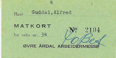  2104, Matkort fra ØVRE ÅRDAL ARBEIDERMESSE på 40 tallet.