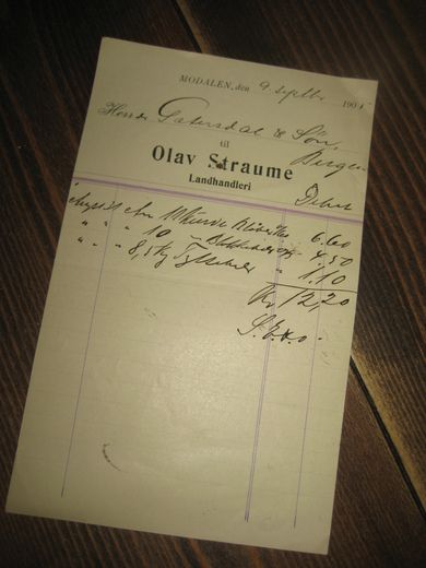 MODALEN 9 SEPTEMBER 1905 Fra Olav Straume Landhandleri