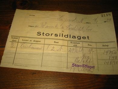 Kvitering fra Storsildlaget, 1929.