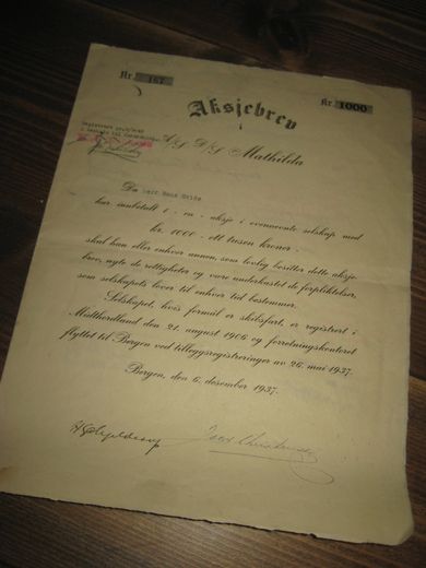 Aksjebrev i A/S, D/S Mathilda, 1937. Masse transporteringer.