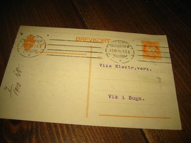 BREV KORT til Viks Elektr verk Vik i Sogn 1915 Meget pent
