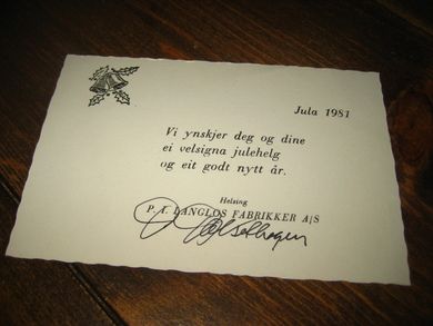 Julehelsing fra P.I. LANGLOS FABRIKKER, STRANDA, 1981.