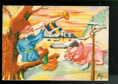 Nisse med gris strøkent kort fra 30 tallet