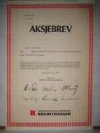 KREDITKASSA,  3 stk. aksjer, 1977, aksjebrev nr. 97558