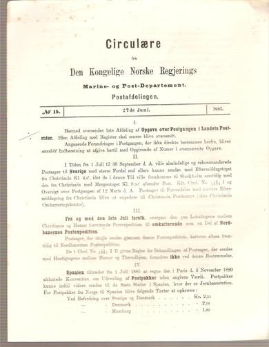 1885,nr 015, Cirkulære fra Den Kongelige Norske Regjerings Marine- og Post- Departement.