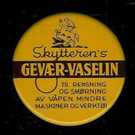 Strøken boks med innhold, ubrukt og uåpna, SKYTTERENS GEVÆR VASELIN. Produsert ved Rode & Karko, Oslo.