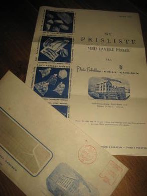 PRISLISTE og brev fra Kjell Karlsen, Oslo, 1959. Plastik emballasje. 