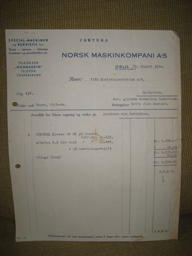 NORSK MASKINKOMPAGNIE OSLO 29 8 1940