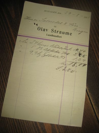 MODALEN 29 8- 1905 Fra Olav Straume Landhandleri