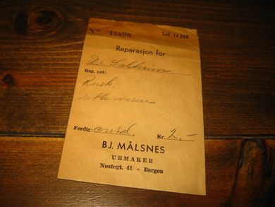 Reperasjons konvolutt fra BJ. MÅLSNES URMAKER, Bergen. 50-60 tallet.