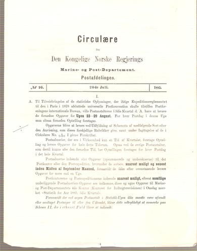 1885,nr 016, Cirkulære fra Den Kongelige Norske Regjerings Marine- og Post- Departement.
