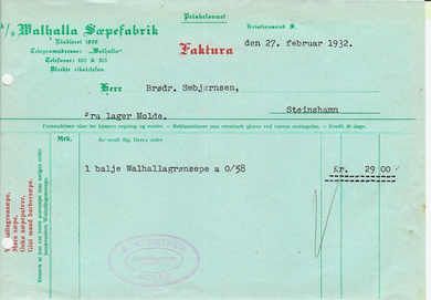 Faktura fra Walhalla Sæpefabrik, Kristiansand til Brødrene Sæbjørnsen, Steinshamn. 1932