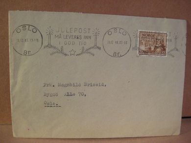 OSLO 11.12.49  med stempel: JULEPOST BØR LEVERES INN I GOD TID.
