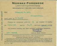 Varselkort fra NORSKE FORENEDE LIVSFORSIKRINGSAKTIESELSKAP. 15/4 1921