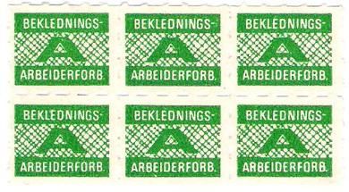 Grønt fagforeningsmerke fra BEKLEDNINGS ARBEIDER FORBUNDET 6 blokk