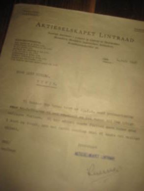 Brev fra AKTIESELSKAPET LINTRAAD OSLO til Leif Fjelde Skoverkted Utvik 1 JULI 1948