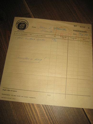 Pakkseddel fra KØFF ENGROSS 10 12 1959