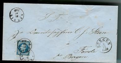 Meget pent brev stempla BERGEN 1859 og BREVIG 1959