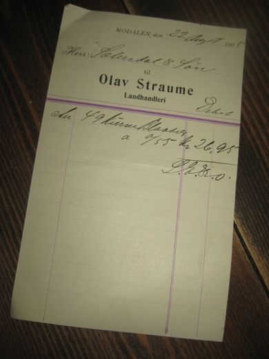 MODALEN 22 august 1905 Fra Olav Straume Landhandleri