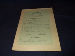 Aktiebrev for Gimle Oliemølle Aktieselskap , Sandefjord, 1919