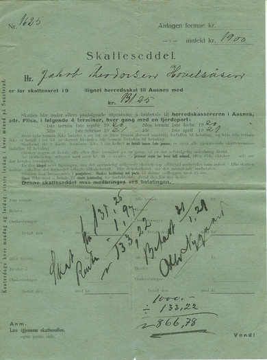 Skatteseddel fra 1920