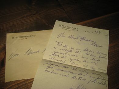 Breb fra O H SKONNORD JERNVARE FORRETNING GJØVIK 1939 Med innlegg