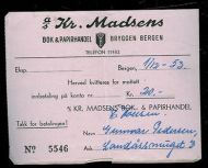 Kr. Madsen Bok & Papirhandel, BRYGGEN BERGEN. 1953