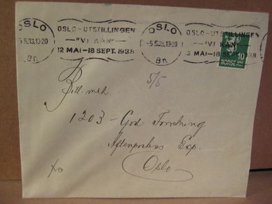 OSLO 5.5.38 med stempel: OSLO UTSTILLINGEN 