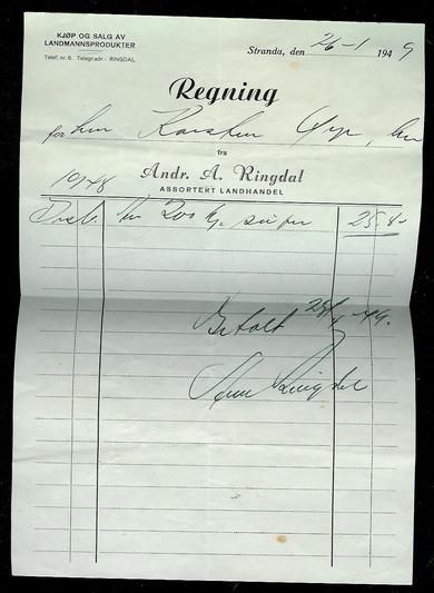 Regning fra Andr A Ringdal ASSORTERT LANDHANDEL Stranda 26 1 1949
