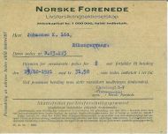 Varselkort fra NORSKE FORENEDE LIVSFORSIKRINGSAKTIESELSKAP. 15/10- 1921