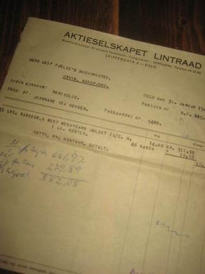 Faktura fra AKTIESELSKAPET LINTRAAD OSLO til Leif Fjelde Skoverksted Utvik 31 JANUAR 1949